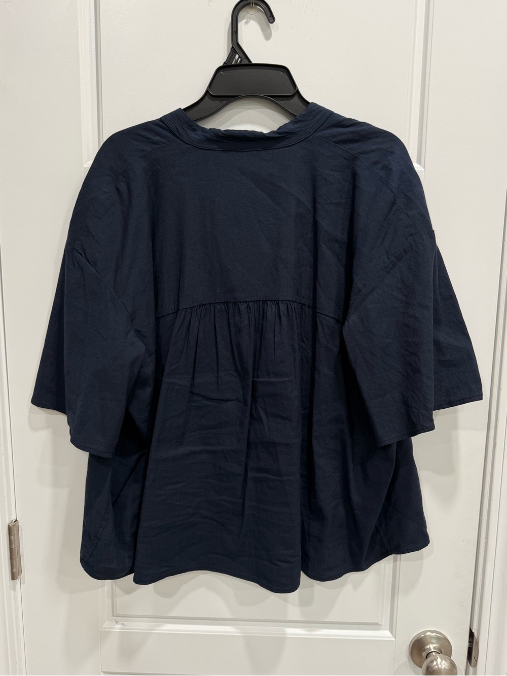 Vince Women’s Shirred Band Collar Navy Blue Linen Blend Oversized Blouse - Picture 7 of 8